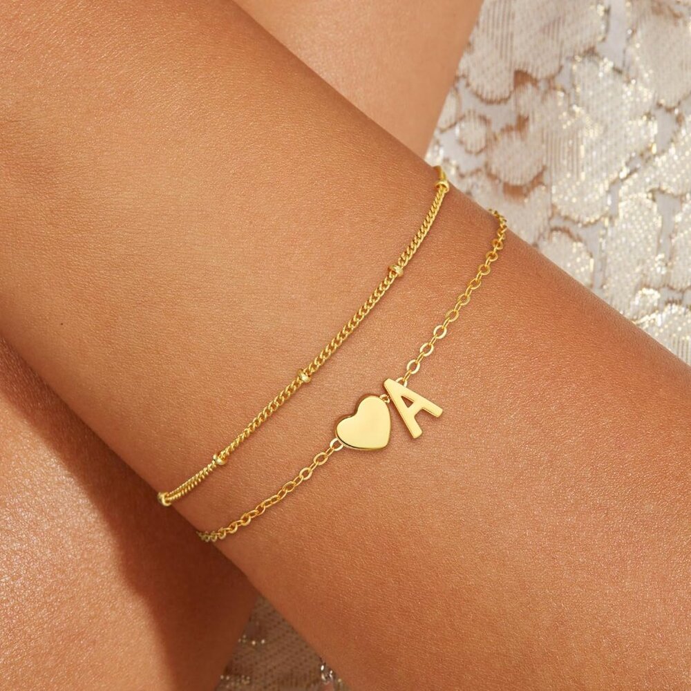 Christmas Gifts for Grandkids Teens Girls, 14K Gold Plated Heart Initial Bracele - Picture 2 of 7